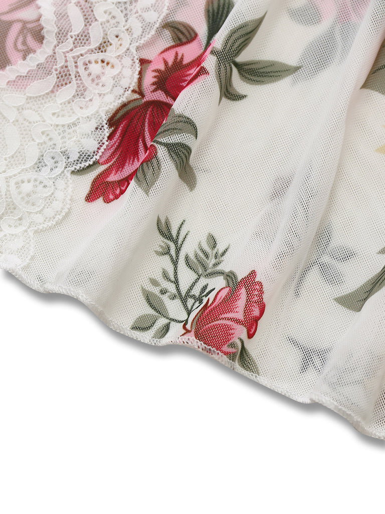 White 1930s Lace Floral Mesh Spaghetti Straps Nightgown