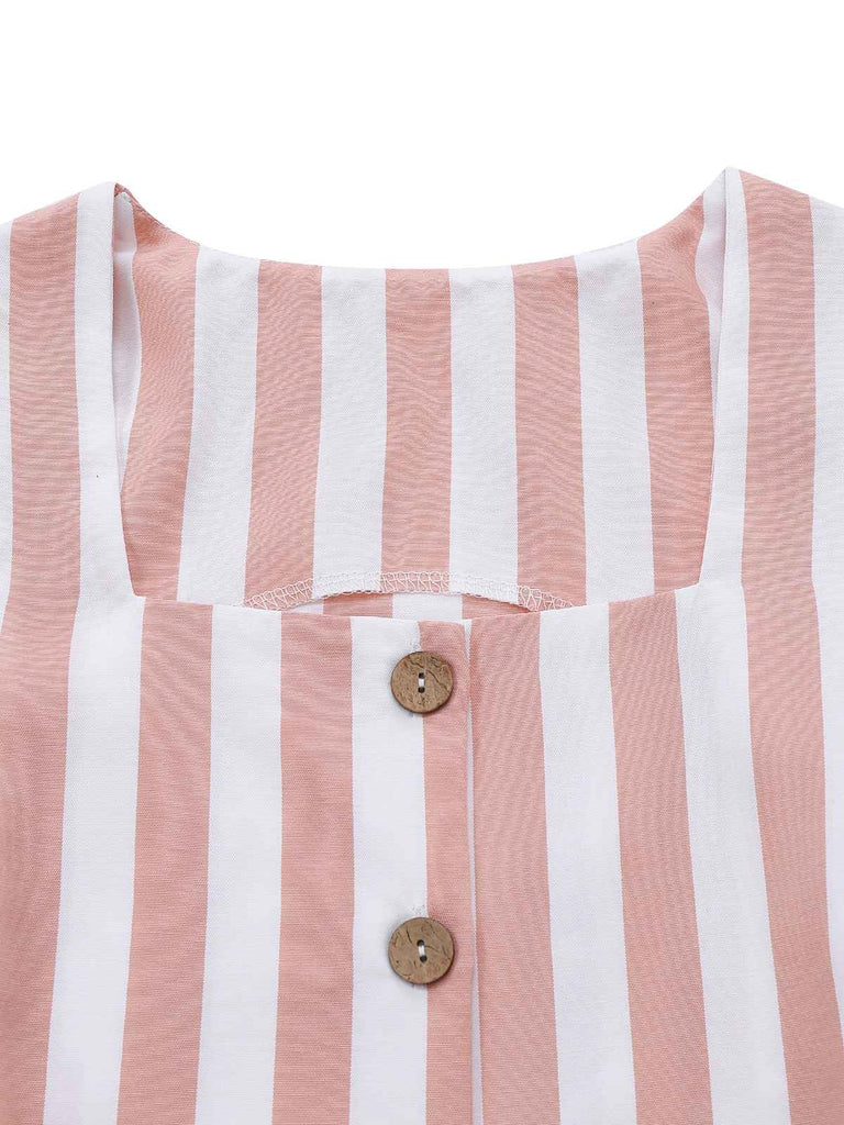 2pcs Khaki 1960s Striped Square Neck Sleeveless Vest & Shorts