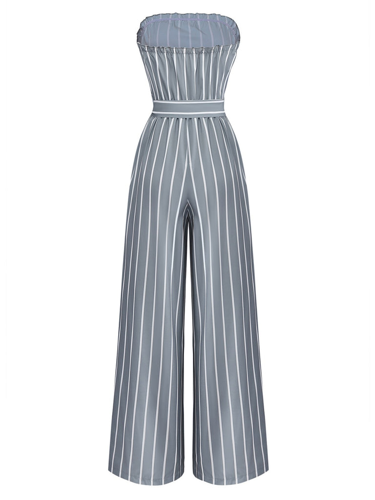 Grey 1930s Strapless Striped Belted Jumpsuit