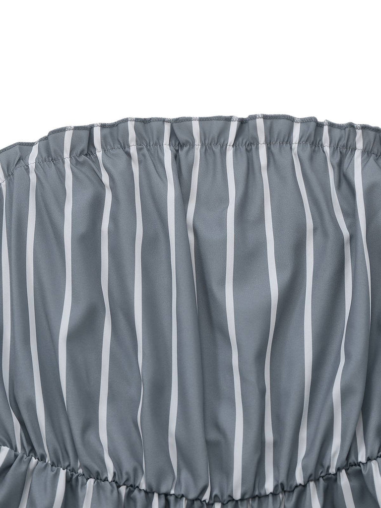 Grey 1930s Strapless Striped Belted Jumpsuit