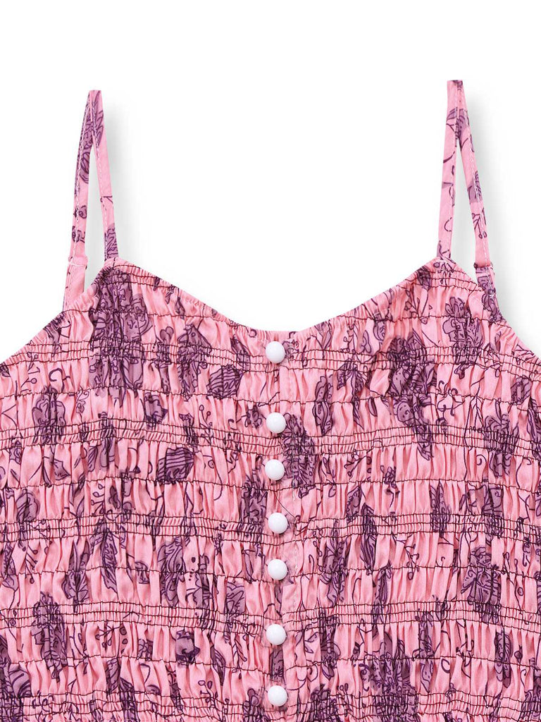 Pink 1970s Spaghetti Strap Floral Smocked Jumpsuit