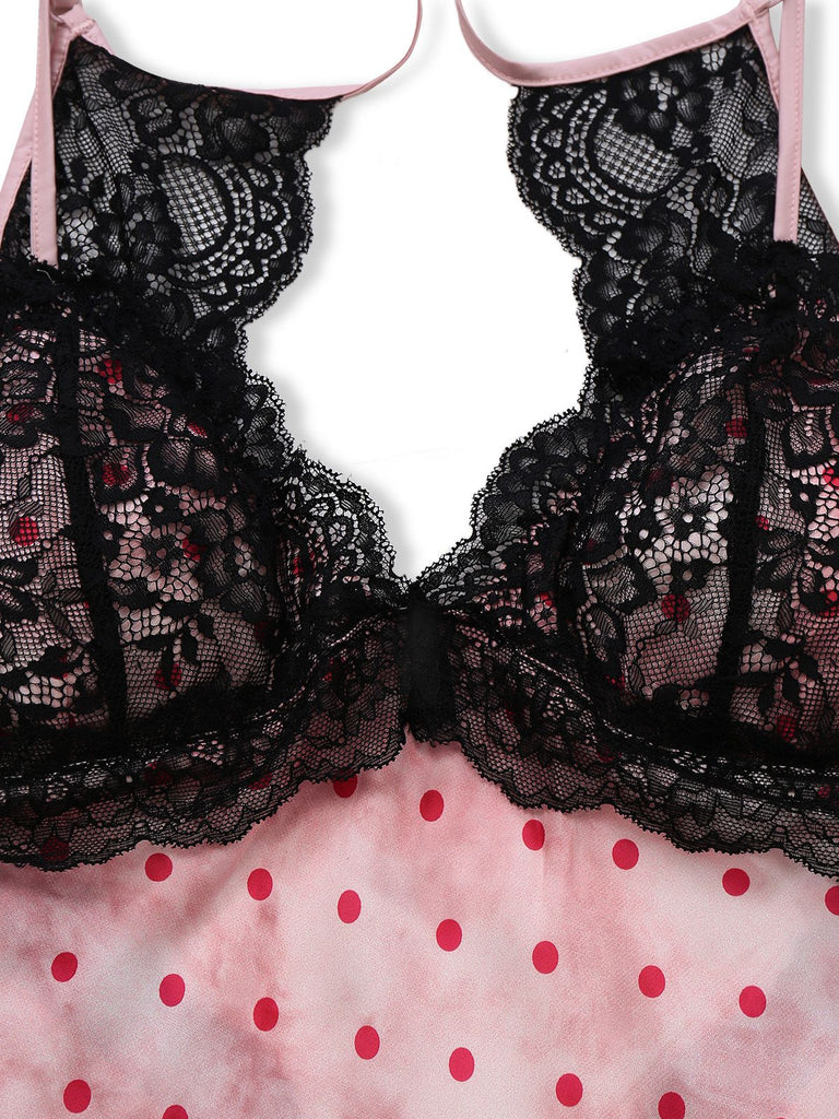 Pink 1940s Satin Polka Dot Lace Trim Backless Nightdress