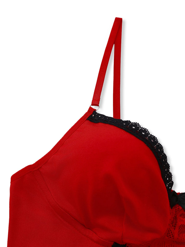 Red 1940s Spaghetti Strap Lace Trim Nightgown