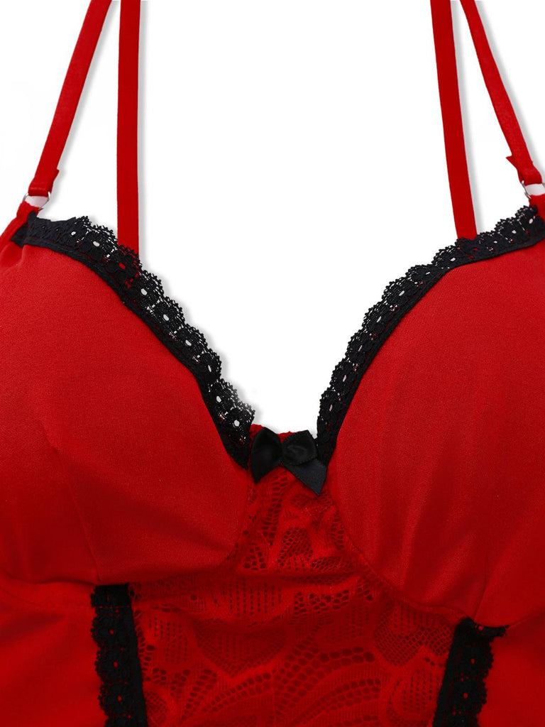 Red 1940s Spaghetti Strap Lace Trim Nightgown