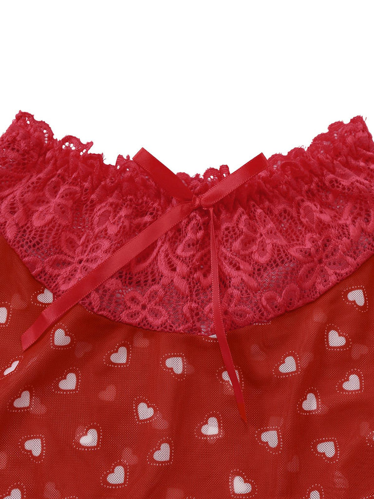 2PCS Red 1960s Heart Bow Ruffled Valentine's Pajamas