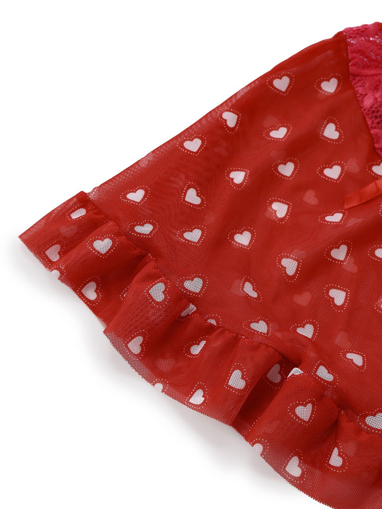 2PCS Red 1960s Heart Bow Ruffled Valentine's Pajamas