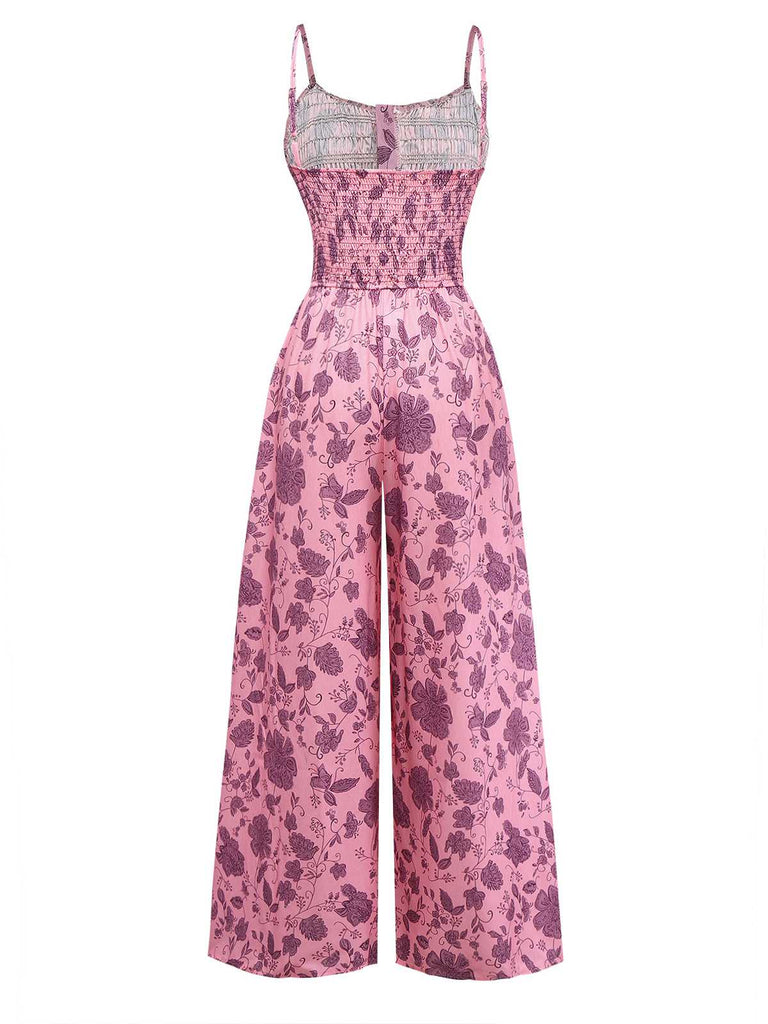 Pink 1970s Spaghetti Strap Floral Smocked Jumpsuit