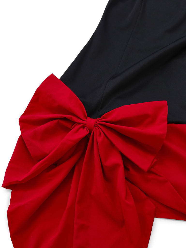 Black 1960s Square Neck Red Bow Tie Dress
