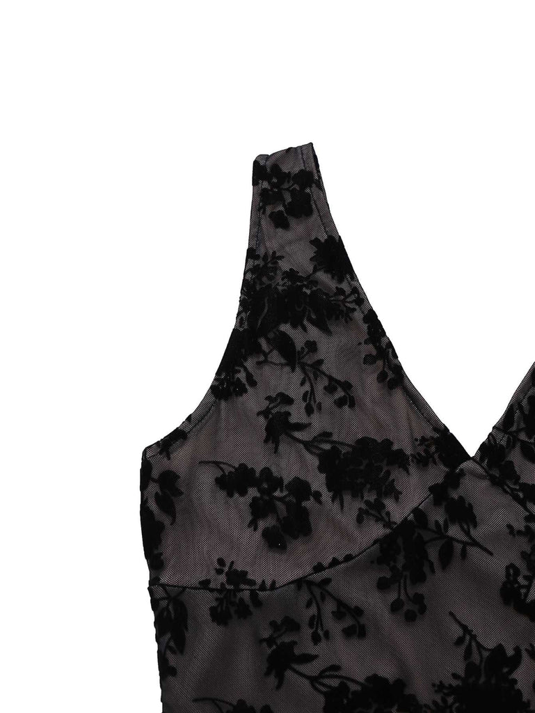 1960s V-Neck Floral Flocked Mesh Ruffle Hem Dress