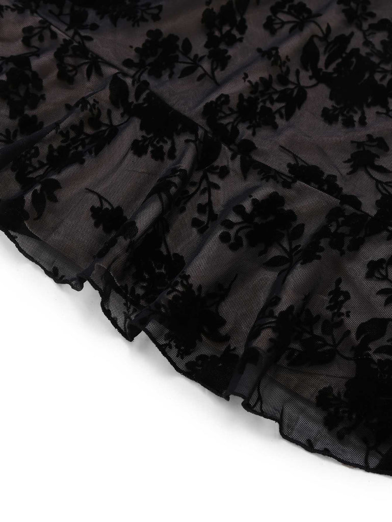 1960s V-Neck Floral Flocked Mesh Ruffle Hem Dress