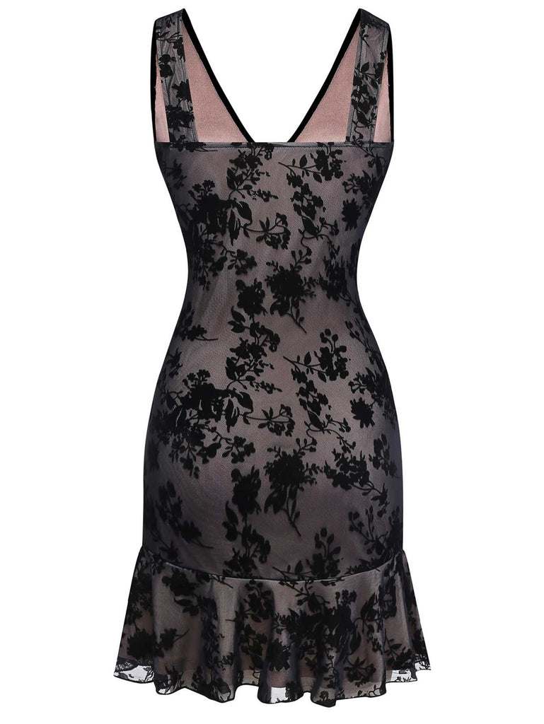 1960s V-Neck Floral Flocked Mesh Ruffle Hem Dress