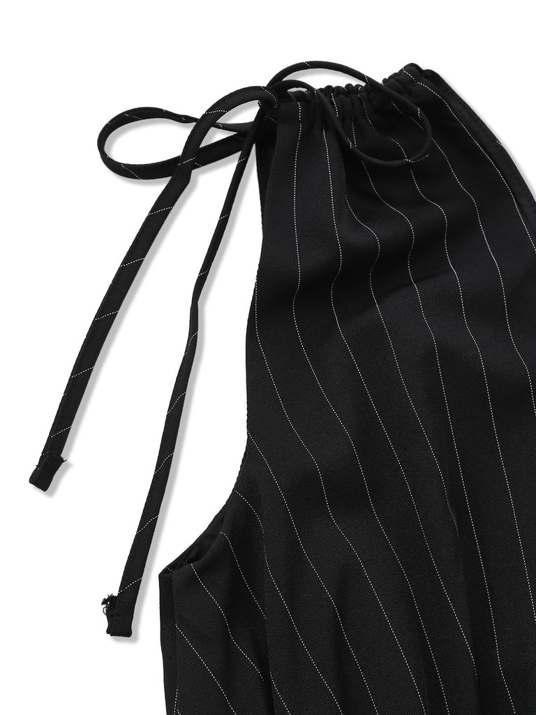 Black 1950s Striped Tie Shoulder Smocked Waist Jumpsuit