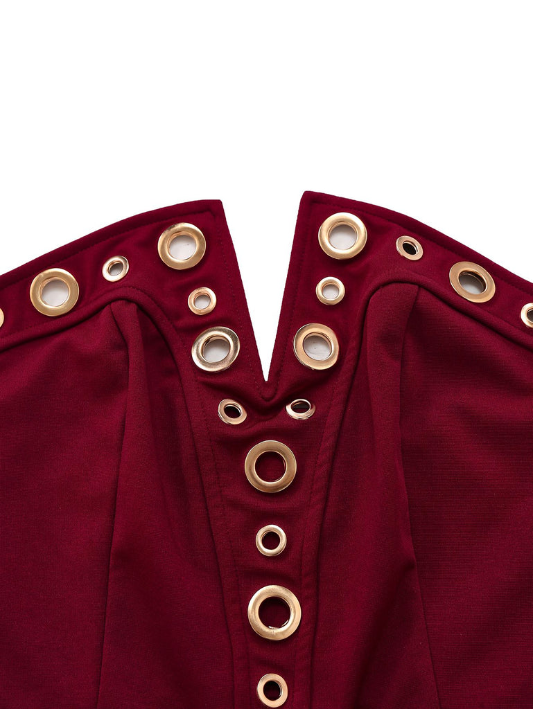 2PCS 1970s Strapless Metal Buckle Punk Top & Pants