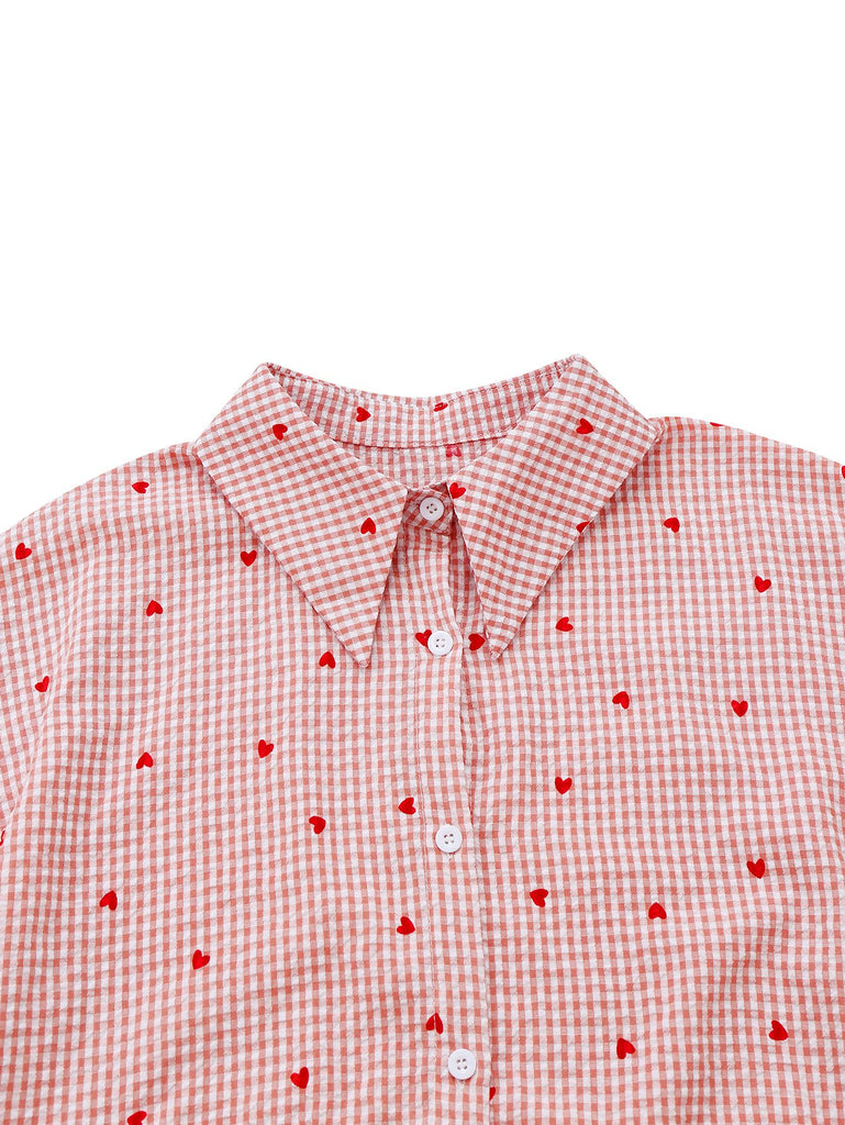 Pink 1940s Plaid Heart Lantern Sleeve Belted Dress