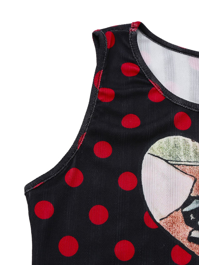 Black 1980s Polka Dot Heart Graphic Pencil Dress