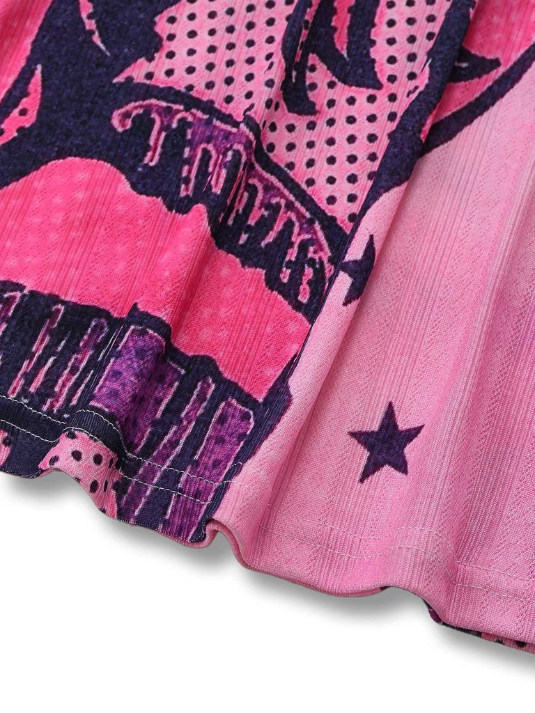 Pink 2000s Slip Lace Trim Cartoon Print Dress