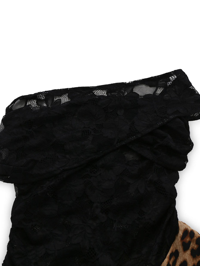 Black 1980s Lace Leopard Print Asymmetrical Dress