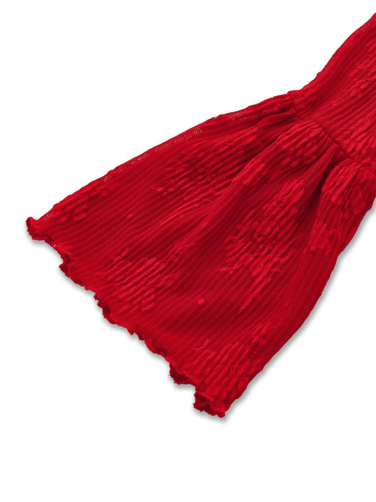 Red 1960s Floral Bow Bell-Sleeve Knit Dress