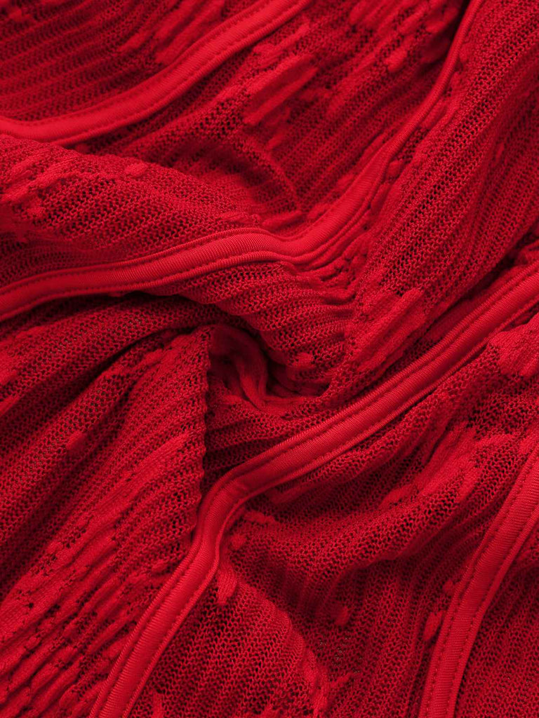 Red 1960s Floral Bow Bell-Sleeve Knit Dress