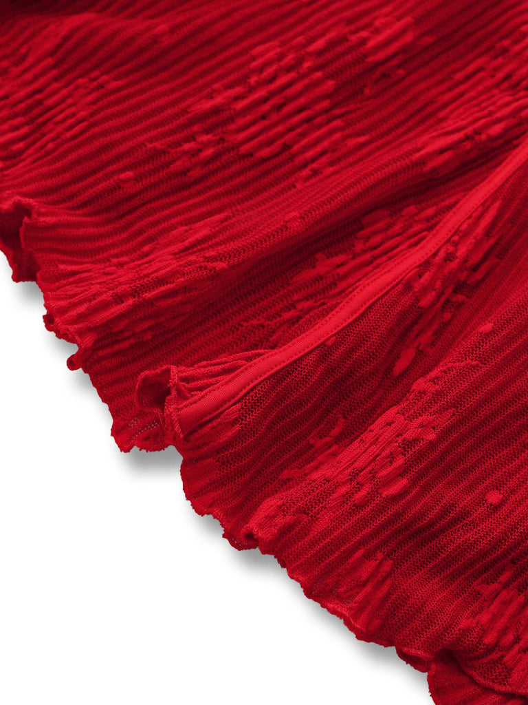 Red 1960s Floral Bow Bell-Sleeve Knit Dress