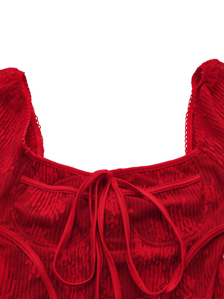 Red 1960s Floral Bow Bell-Sleeve Knit Dress