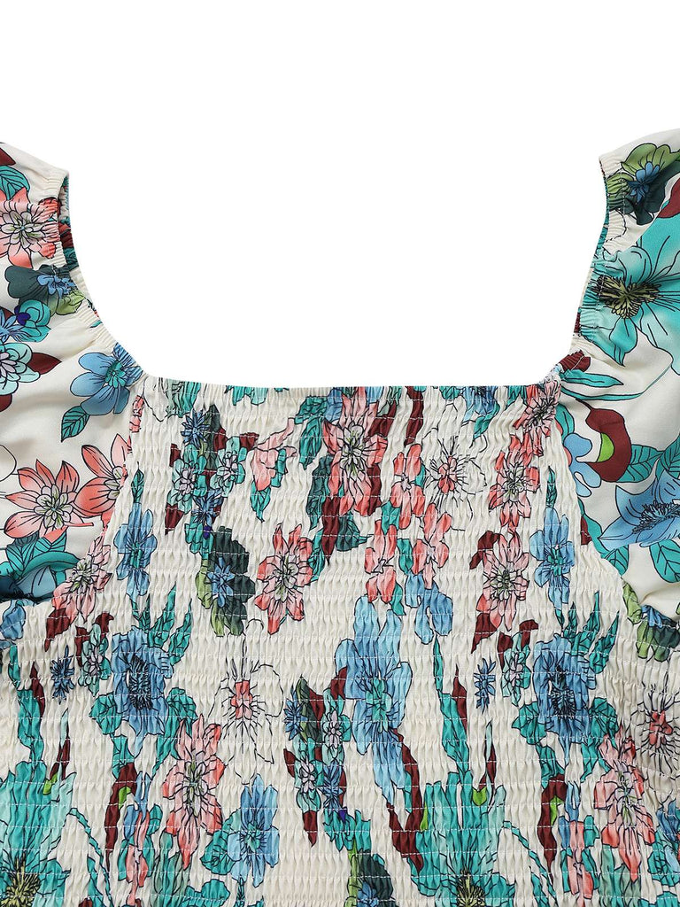 Green 1950s Floral Off-Shoulder Lantern Sleeve Bardot Dress