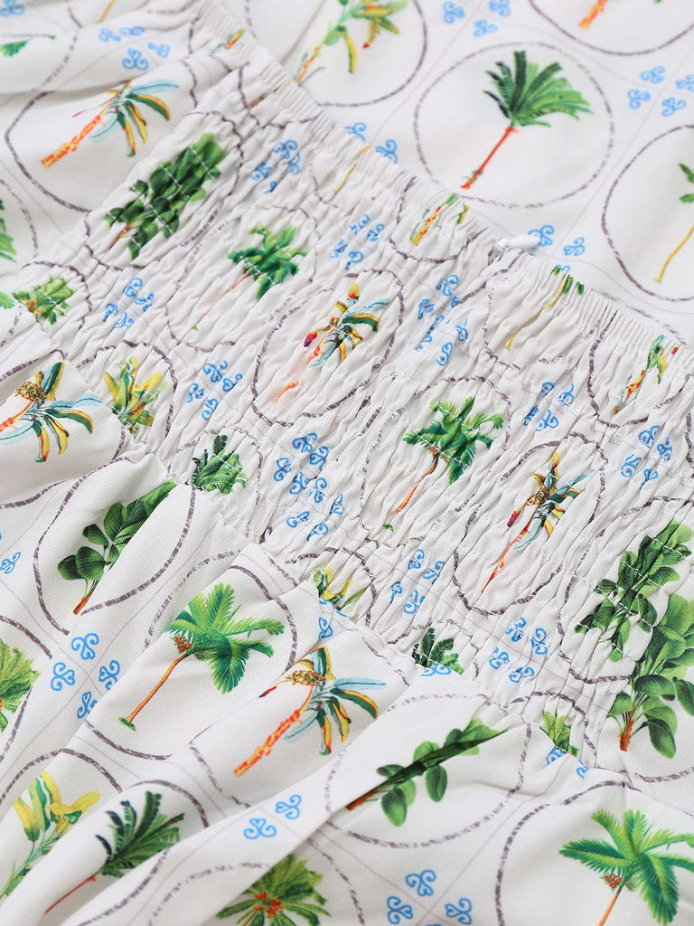 1970s Halter Palm Tile-Print Backless Dress