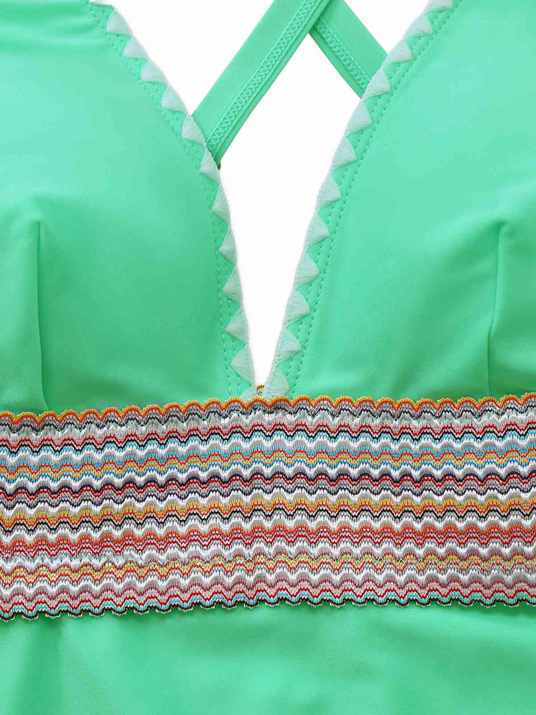 1940s Deep V-Neck Wavy Patchwork One-Piece Swimsuit