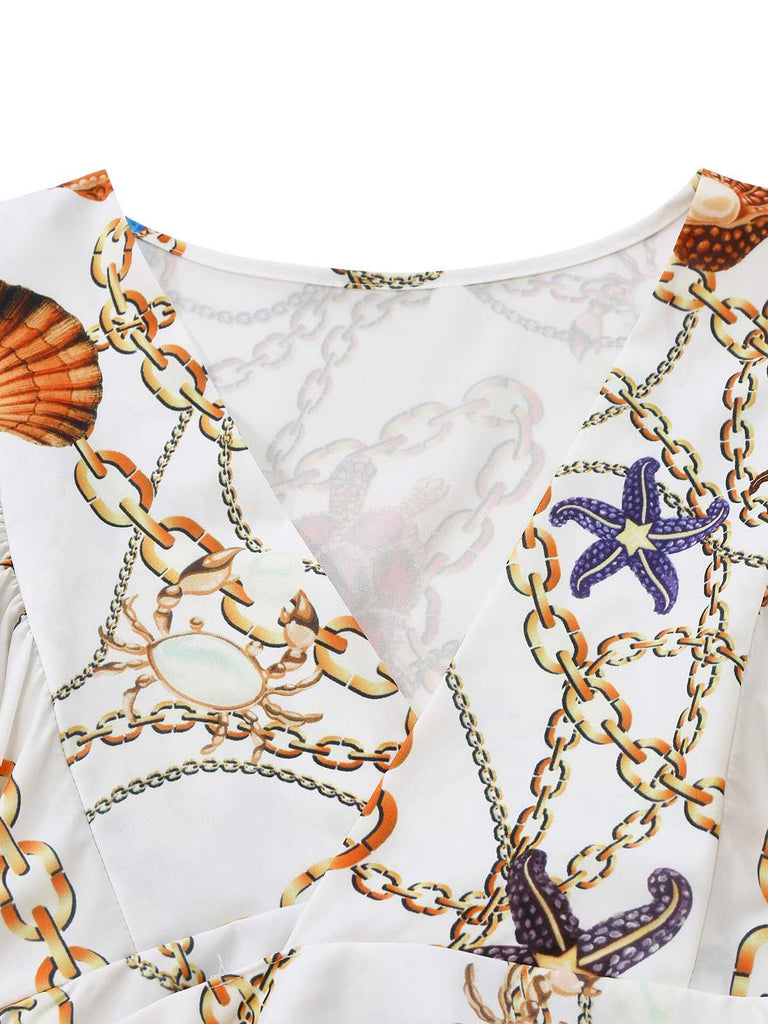 1960s V-Neck Chain Seashell Waist Cutout Romper