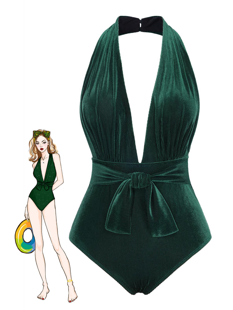 Dark Green 1970s Velvet Deep V-Neck Swimsuit Retro Stage