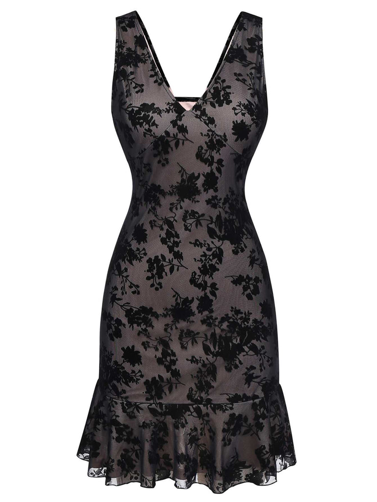 1960s V-Neck Floral Flocked Mesh Ruffle Hem Dress