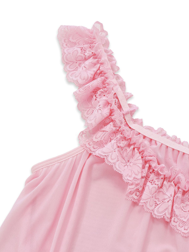 1950s Bow Lace Trim Sheer Mesh Babydoll Nightgown