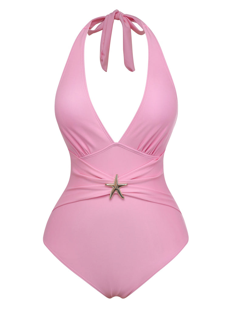 2PCS 1940s Deep V Halter Starfish One-Piece Swimsuit & Cover-Up