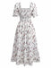 White 1950s Square Neck Puff Sleeve Floral Dress