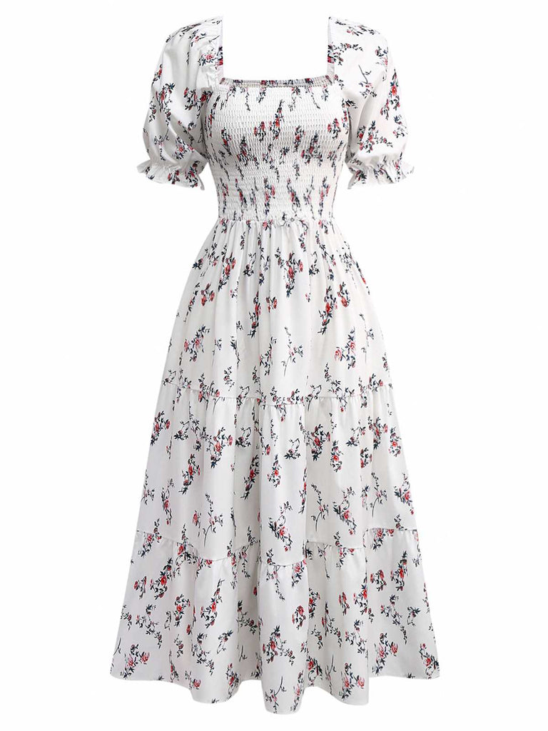 White 1950s Square Neck Puff Sleeve Floral Dress