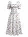 White 1950s Square Neck Puff Sleeve Floral Dress