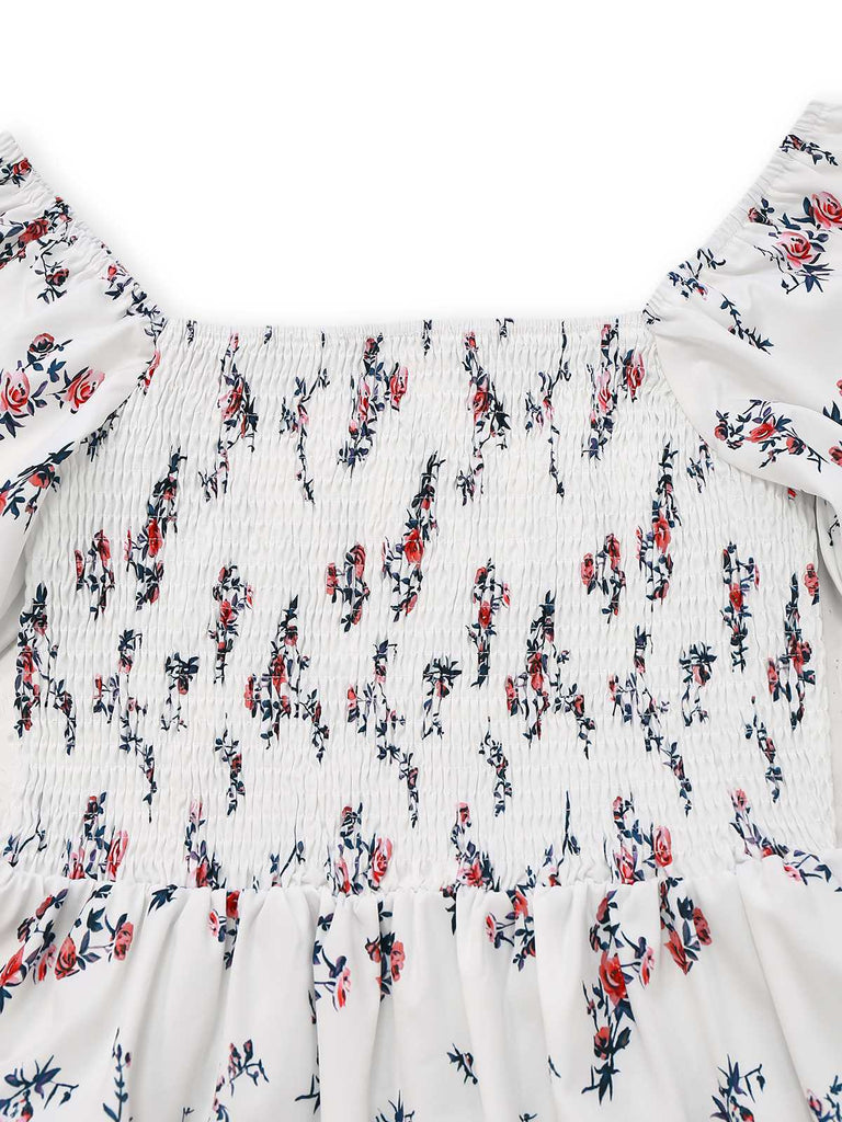 White 1950s Square Neck Puff Sleeve Floral Dress