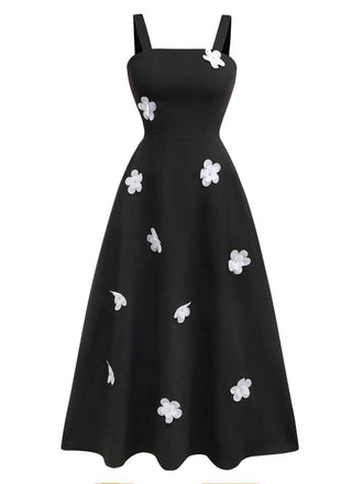 Black 1950s Strap 3D Daisy Solid Dress