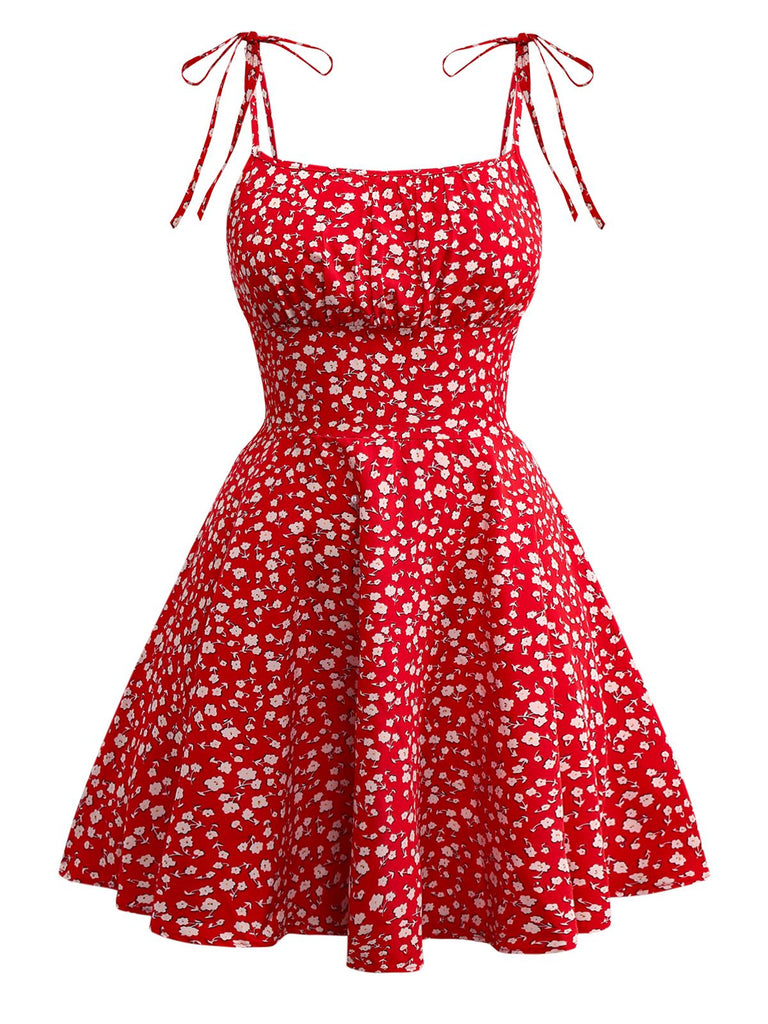 Red 1960s Ditsy Floral Lace-Up Mini Dress