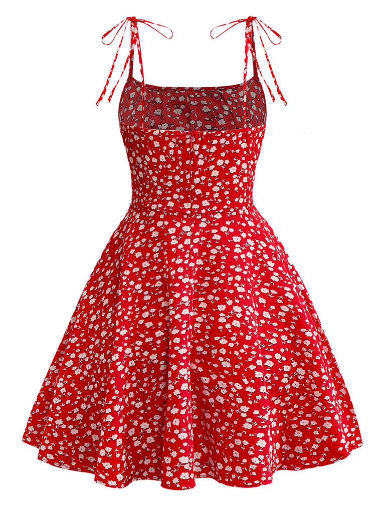 Red 1960s Ditsy Floral Lace-Up Mini Dress