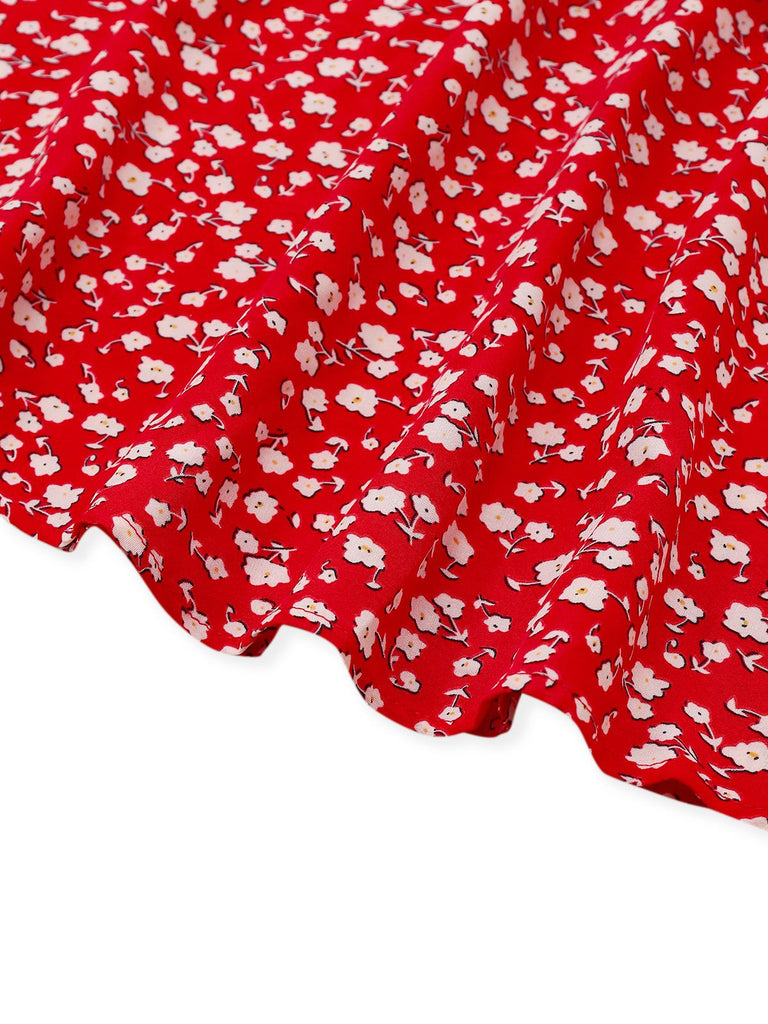 Red 1960s Ditsy Floral Lace-Up Mini Dress
