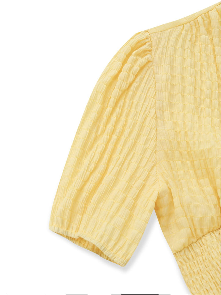 Yellow 1940s Puff Sleeve Button-Down Midi Dress