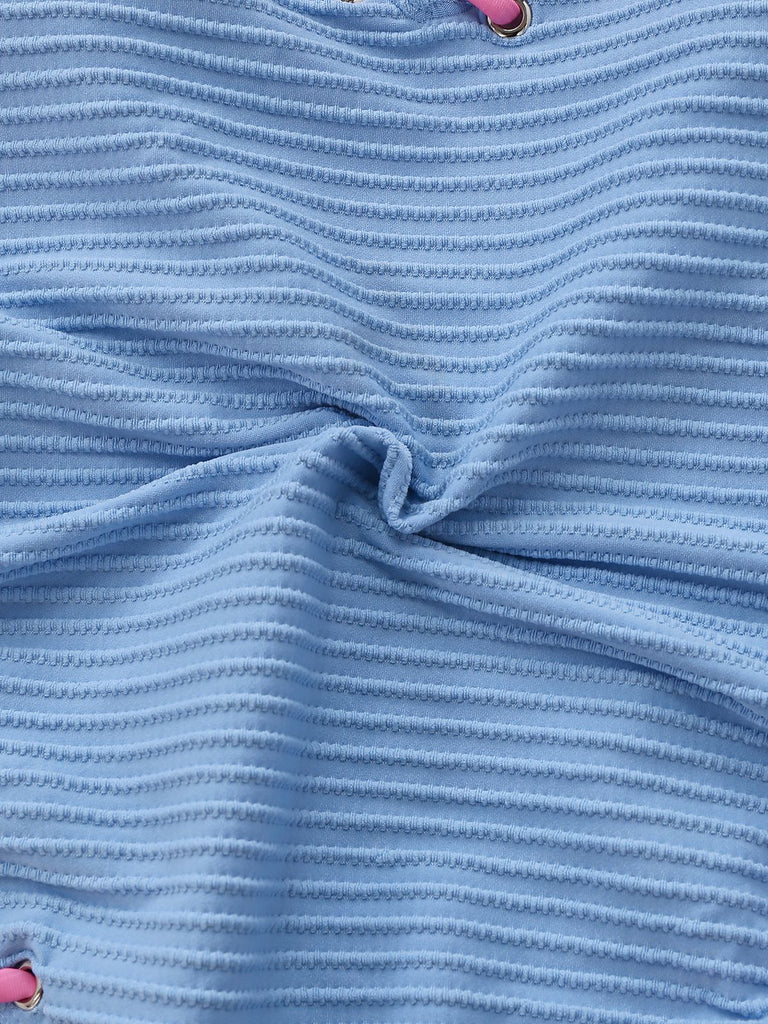 Light Blue 1950s Stripe Lace-Up Ruched One-Piece Swimsuit