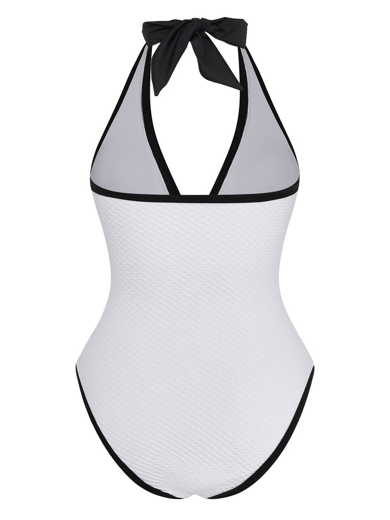 1950s Color Block V-Neck Backless Button Swimsuit