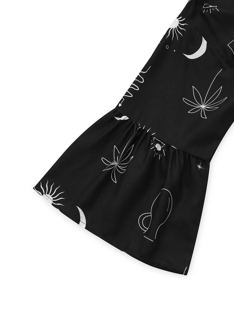 Black 1970s Printed Flare Sleeve Shirt Dress