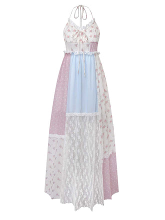 1970s Halter Boho Floral Lace Maxi Dress