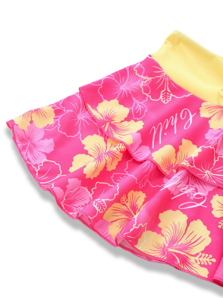 Pink 1960s Floral Print Tie-Front Layered Bikini Set