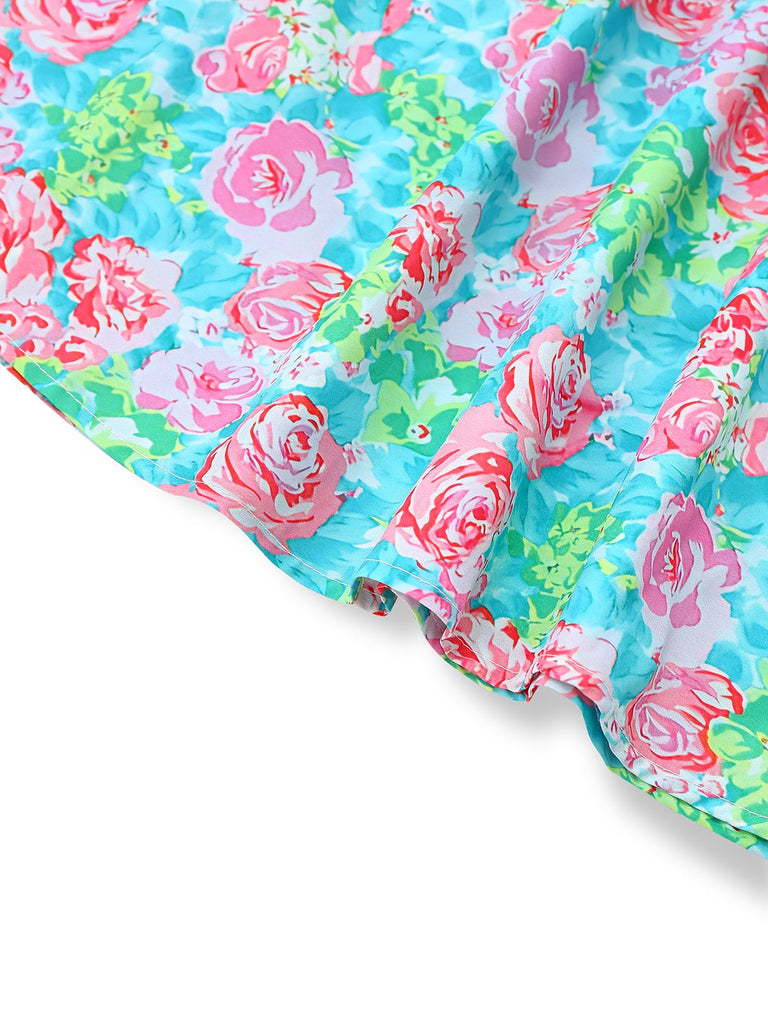 Green 1970s Boho Floral V-Neck Dress