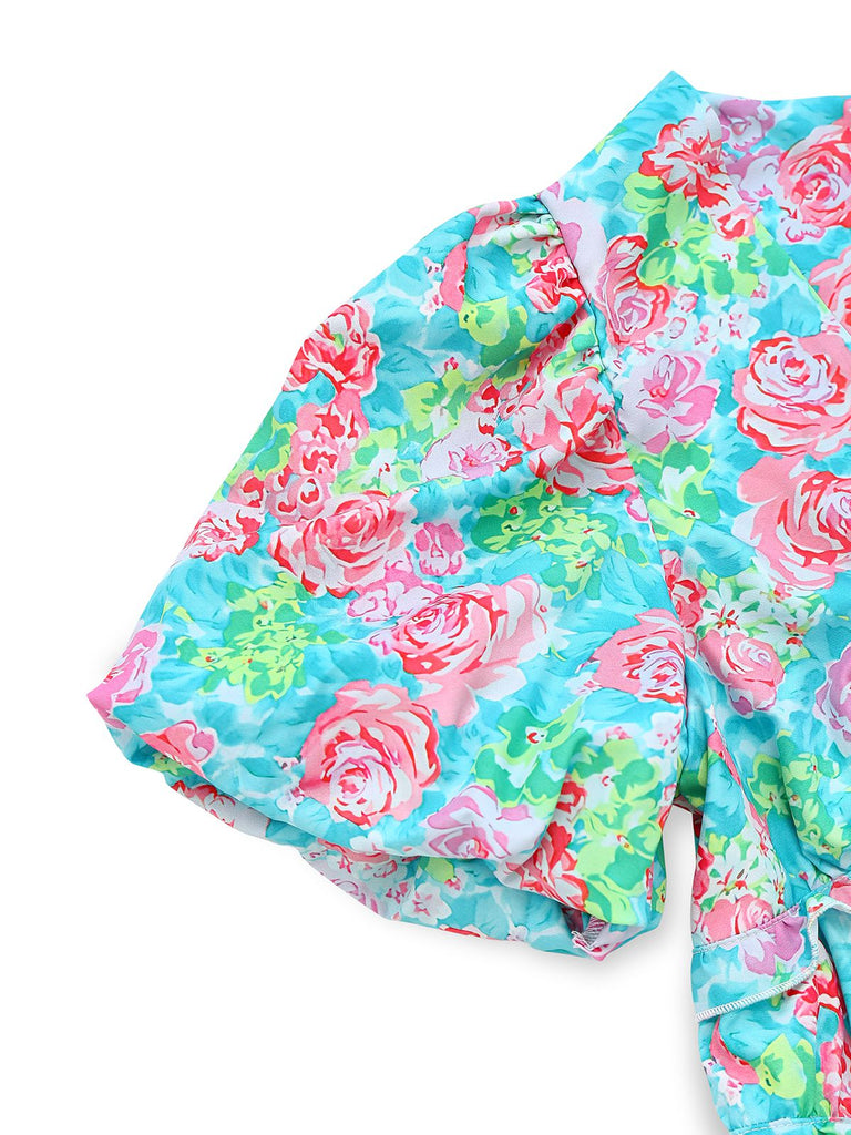 Green 1970s Boho Floral V-Neck Dress