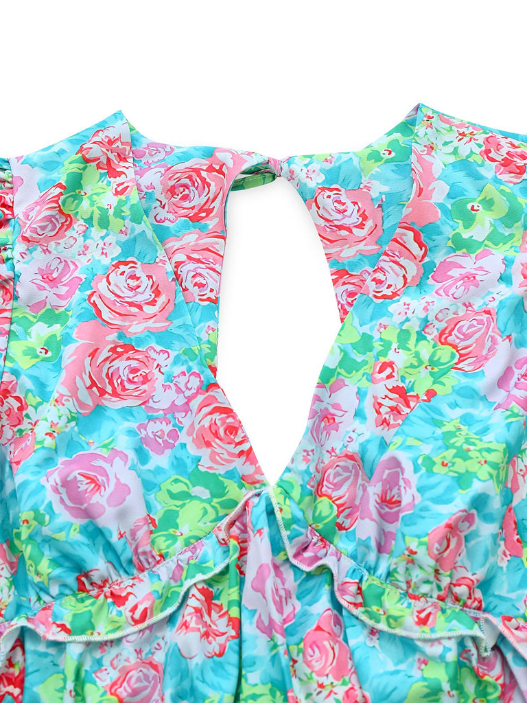 Green 1970s Boho Floral V-Neck Dress